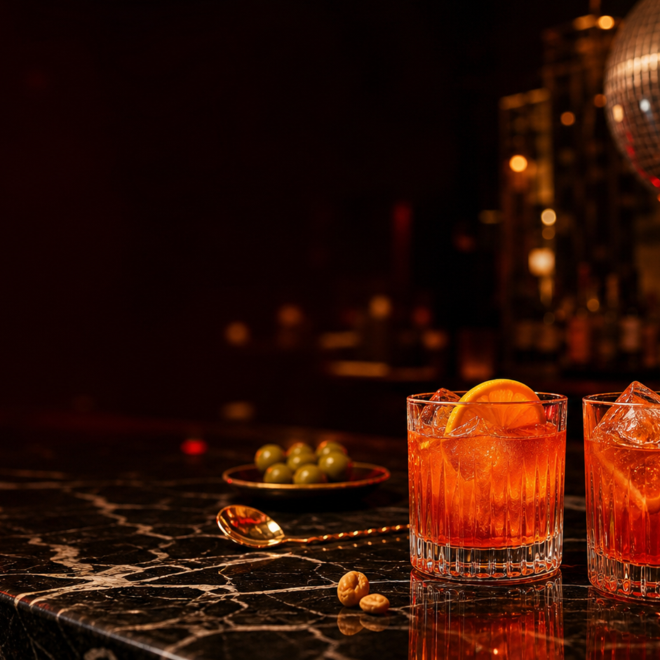 Aperitivo cocktails on a bar with warm red lighting and disco reflections