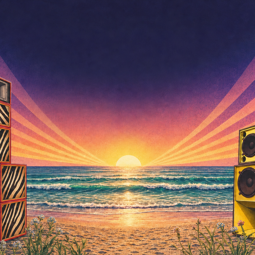 Tuff Tone and Uplifting sound systems facing across a psychedelic ocean sunset