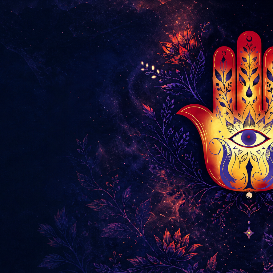 Illuminated hamsa hand with an eye surrounded by red and violet botanical artwork on a midnight blue background
