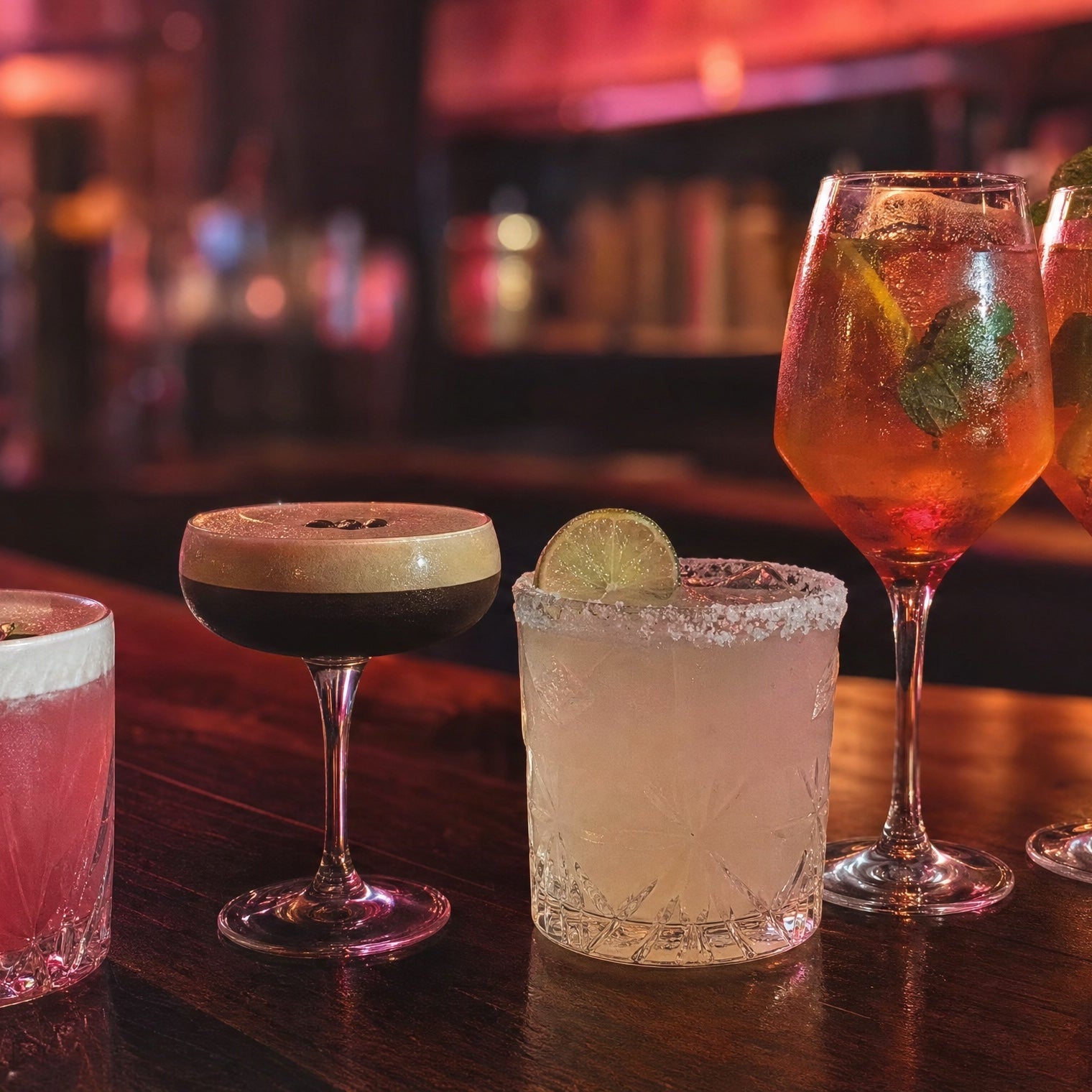Cocktails and spritzes on the bar at Lilly's Bar during Friday Happy Hour