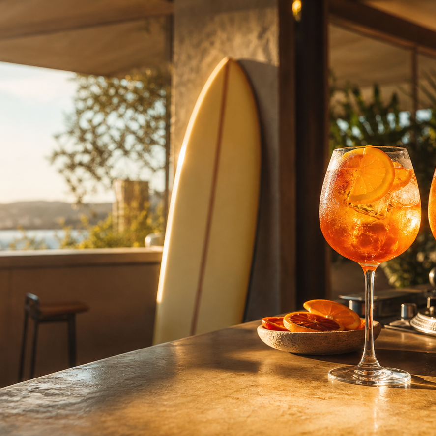 Spritz cocktails at a sunny coastal bar with a surfboard and vinyl setup