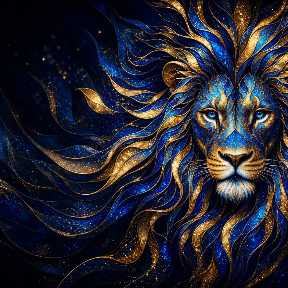 Blue and gold illustrated lion for the Wild Leo event at Manly Spirits