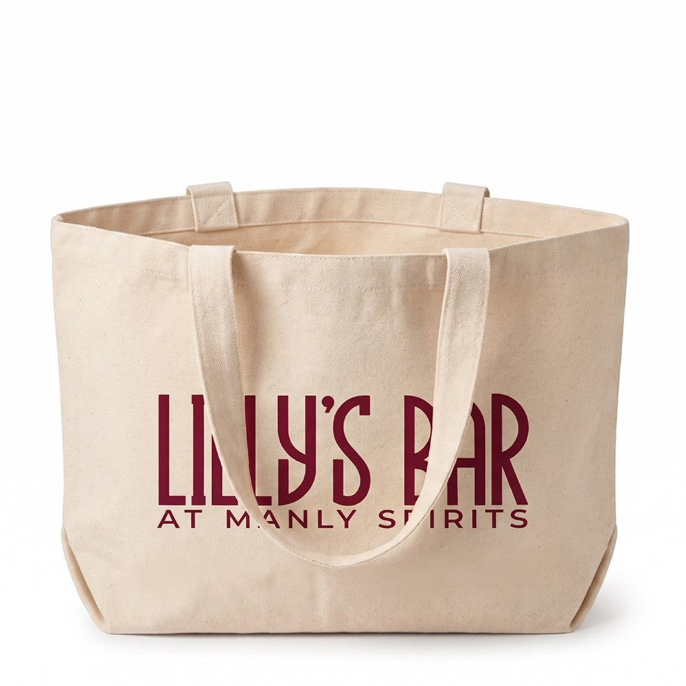 Lilly's Bar at Manly Spirits natural canvas tote bag, front view
