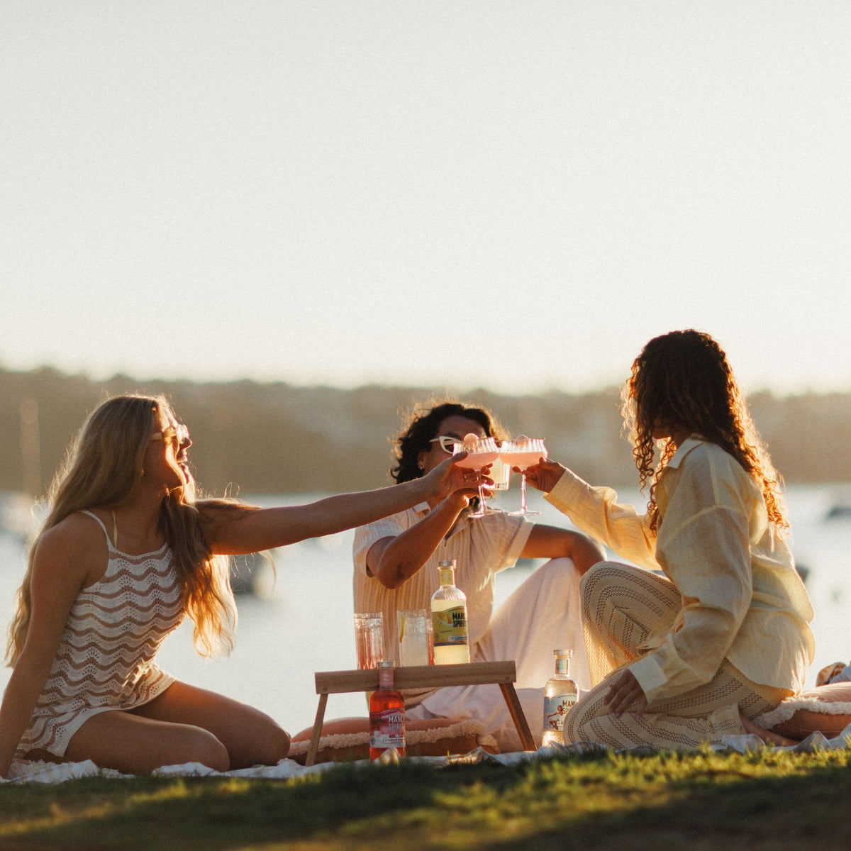 Three friends toasting with pink drinks on a picnic blanket by the harbour, with Lychee & Dragonfruit Liqueur beside the tray