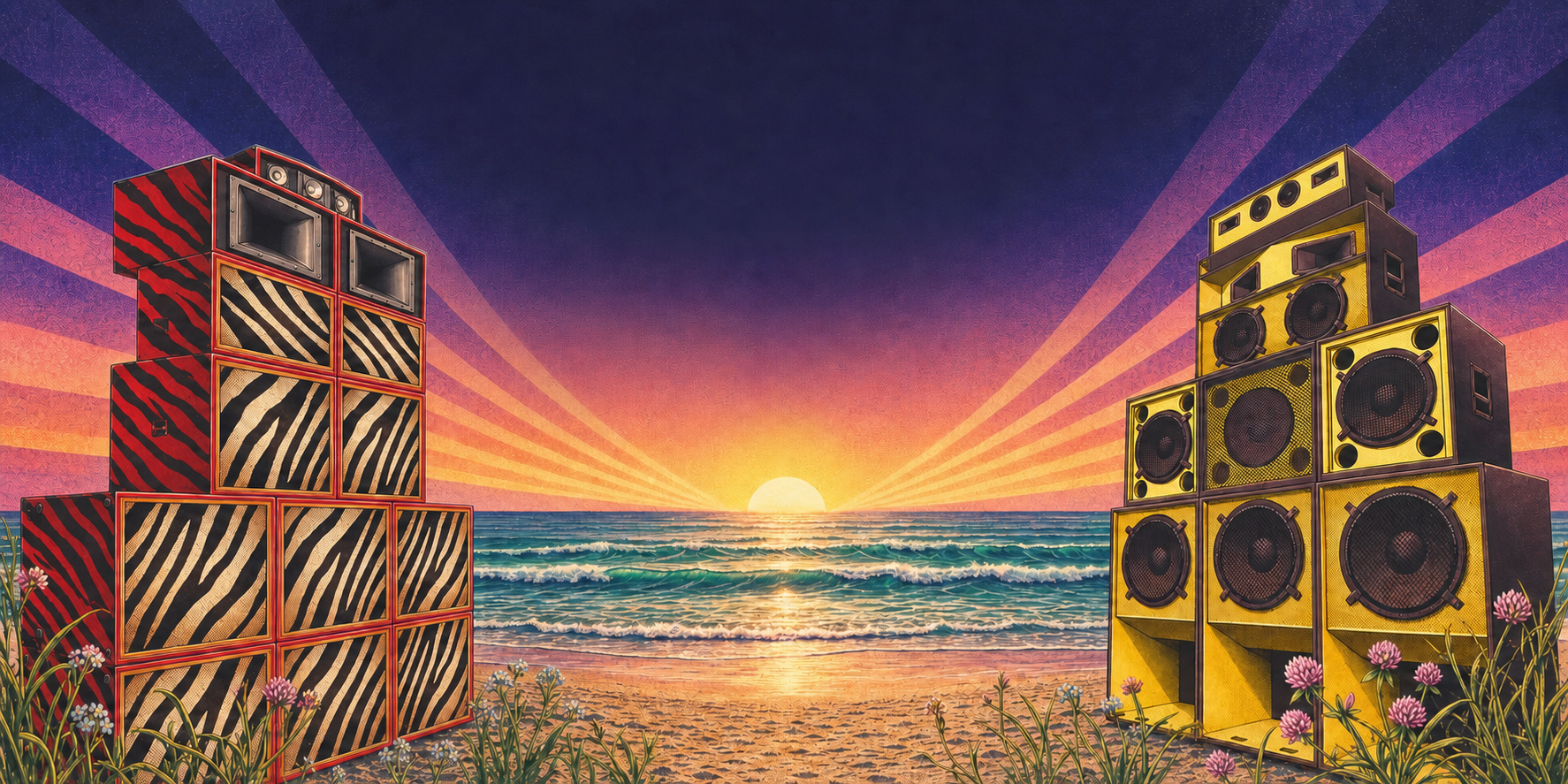 Tuff Tone and Uplifting sound systems facing across a psychedelic ocean sunset
