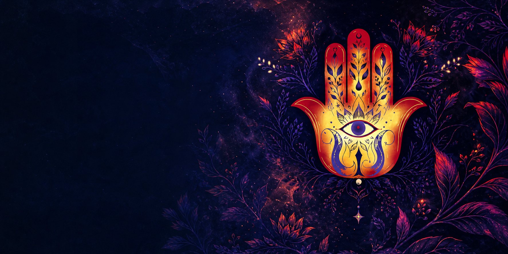 Illuminated hamsa hand with an eye surrounded by red and violet botanical artwork on a midnight blue background
