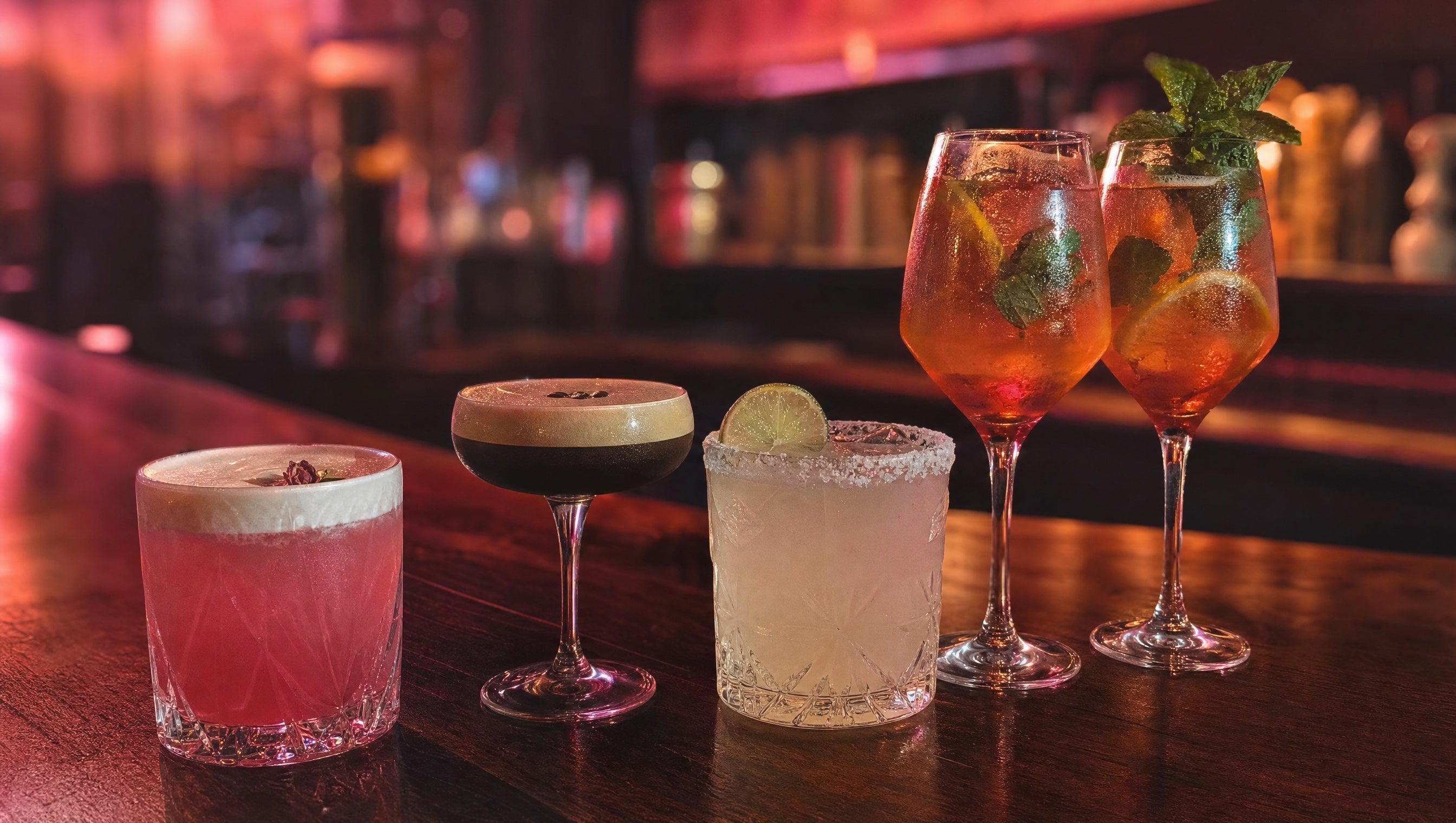 Cocktails and spritzes on the bar at Lilly's Bar during Friday Happy Hour