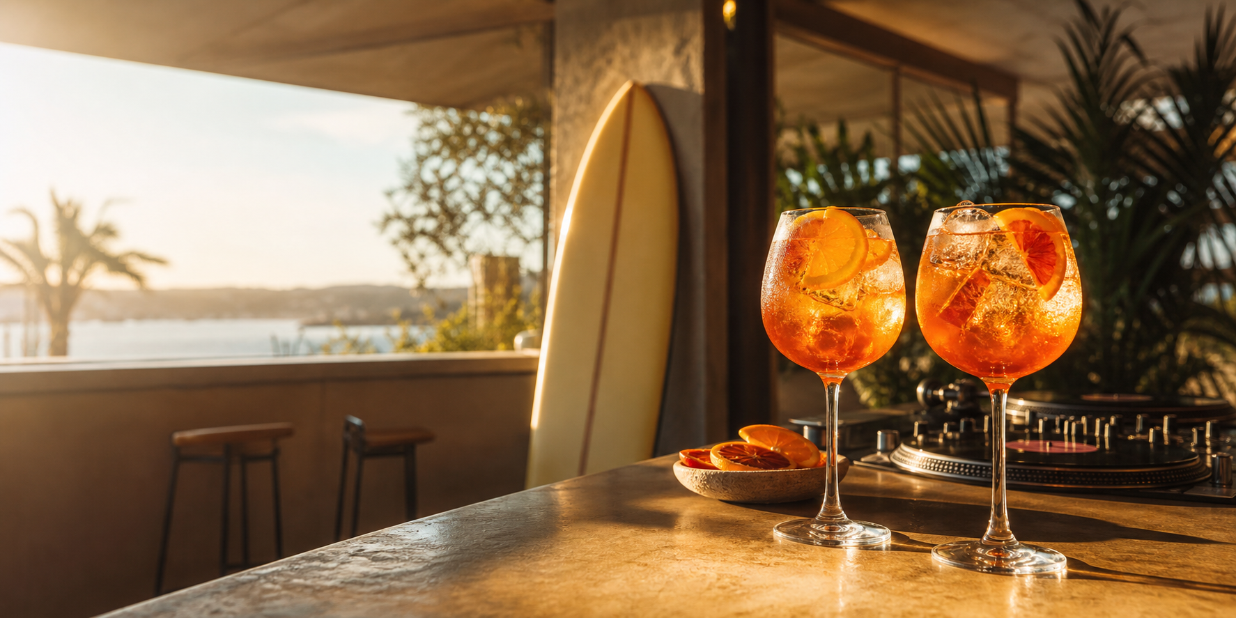 Spritz cocktails at a sunny coastal bar with a surfboard and vinyl setup