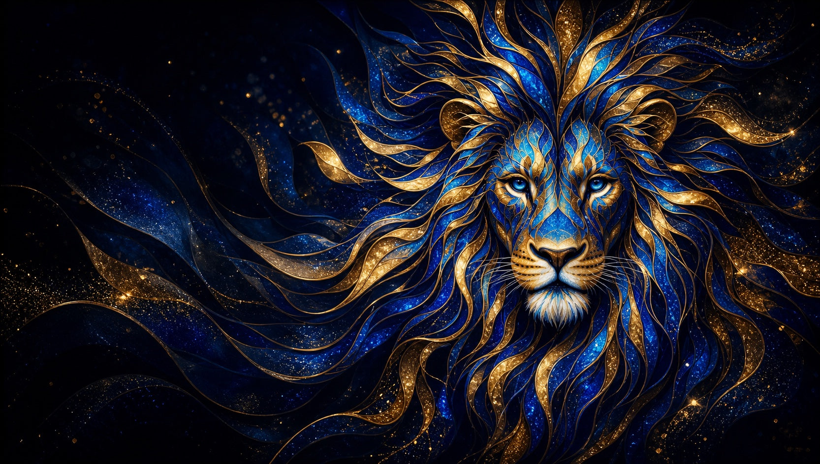 Blue and gold illustrated lion for the Wild Leo event at Manly Spirits