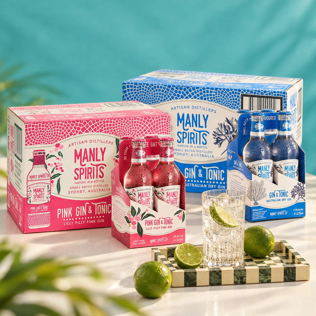 Lilly Pilly Pink and Australian Dry Gin & Tonic cases with four-pack bottles and a tall gin and tonic.