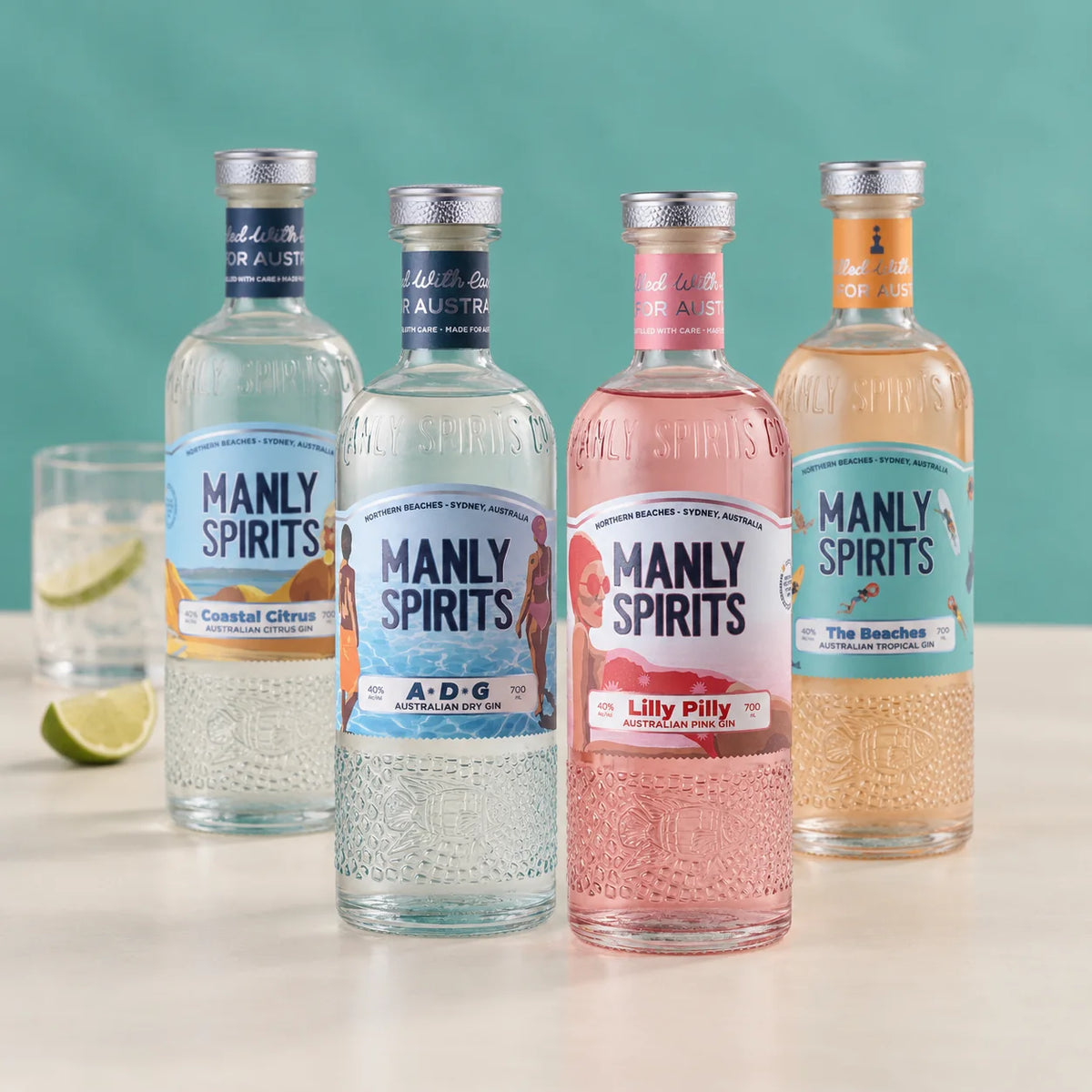 Four Manly Spirits 700ml gins: Coastal Citrus, Australian Dry, Lilly Pilly Pink, and The Beaches.