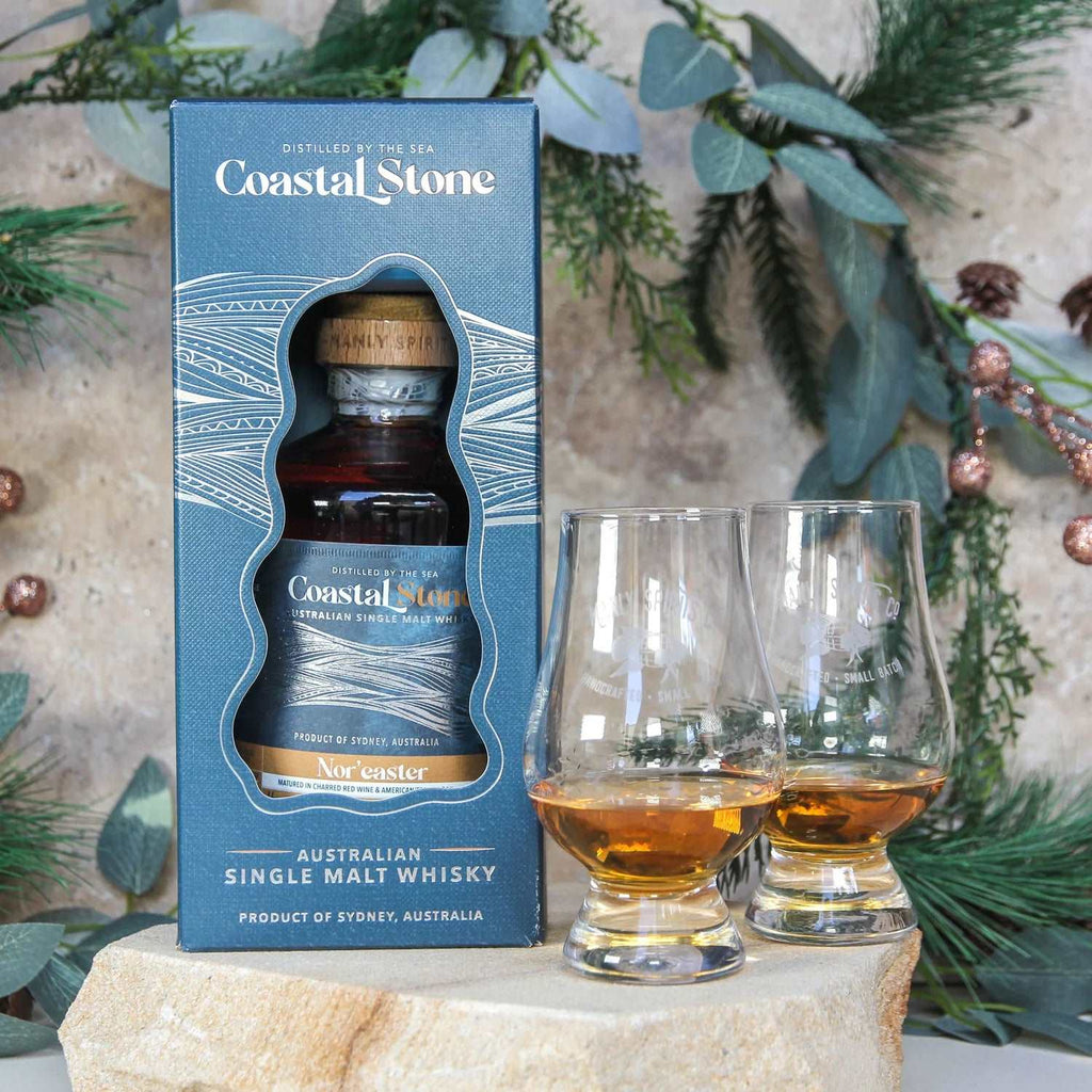 Nor'easter Gift Pack, 700ml bottle of Coastal Stone Nor'easter Single Malt Whisky and 2 Manly Spirit Co logo etched Glenclairn glasses 