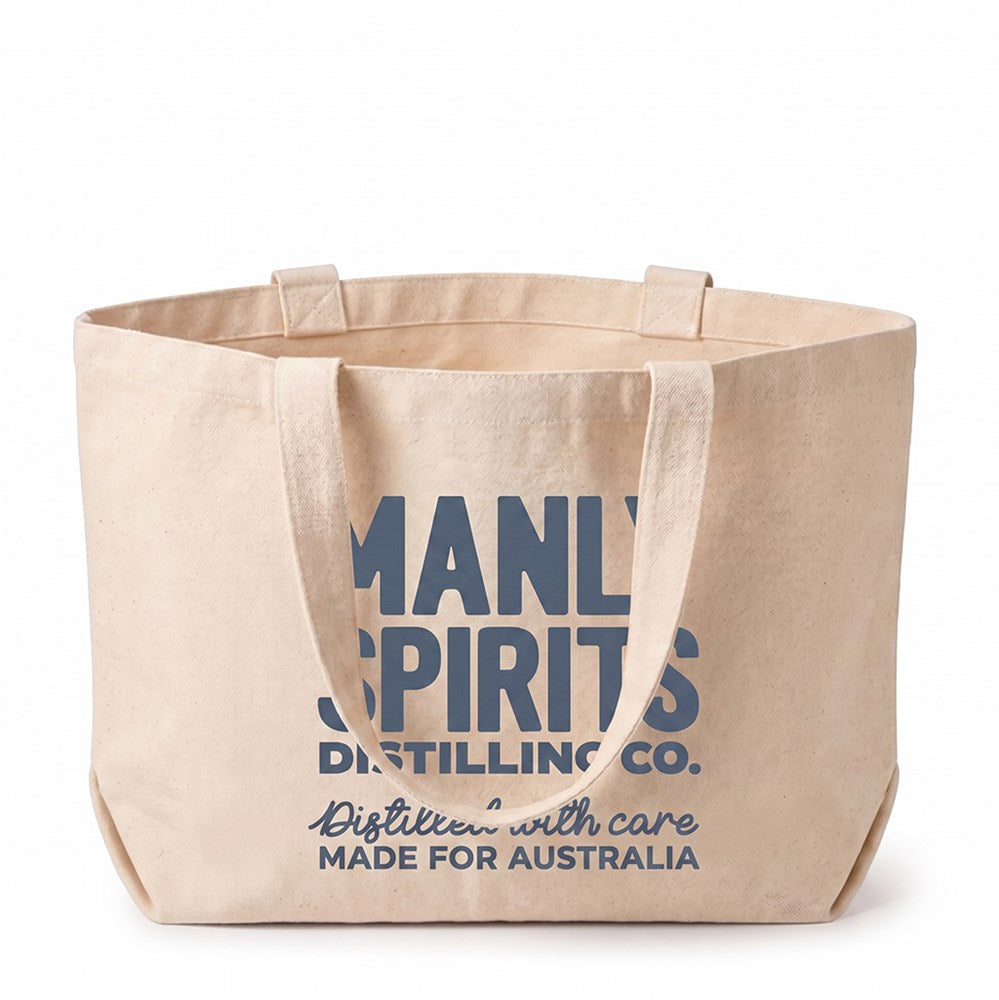 Manly Spirits Distilling Co. natural canvas tote bag, front view