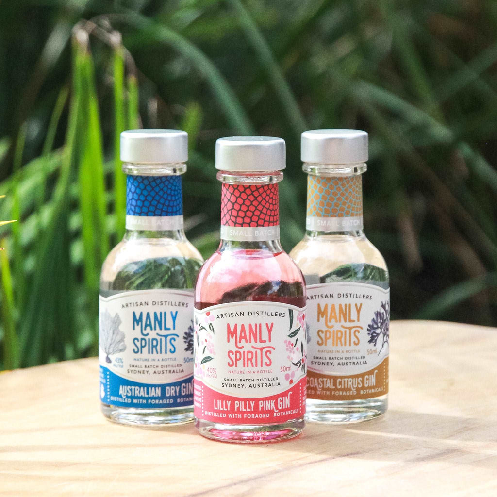 Manly Spirits Miniature Gin 50ml. Choose between Australian Dry Gin, Coastal Citrus Gin, Lilly Pilly Pink Gin or a mixed pack