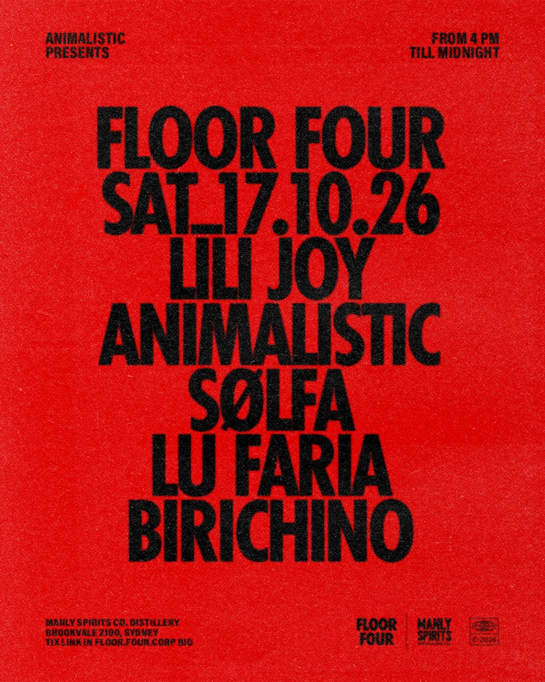 Floor Four — Vol. 2 at Manly Spirits Distillery, Saturday 17 October 2026