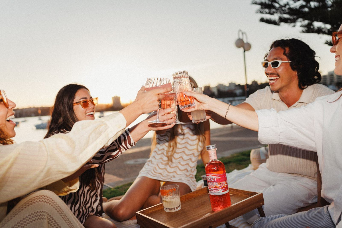Friends toasting with Lychee & Dragonfruit spritzes at a harbourside picnic