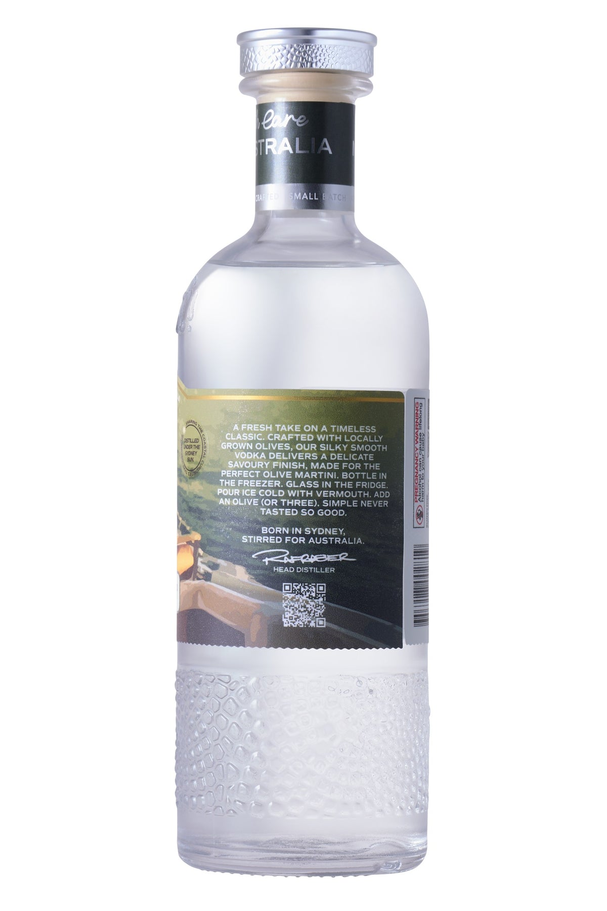 Olive Vodka bottle, back label with the Olive Martini serve