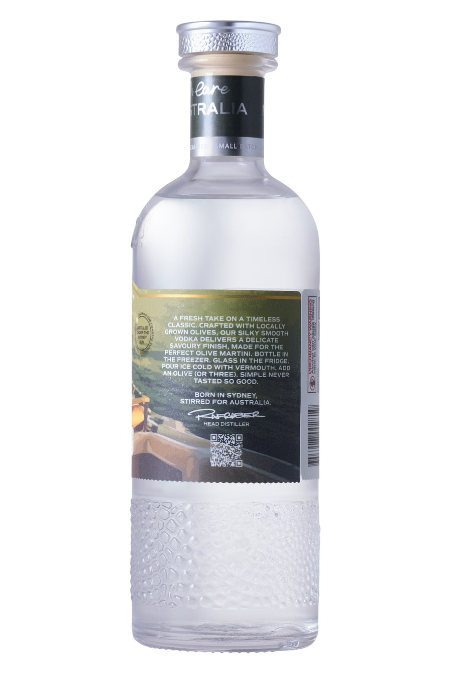 Olive Vodka bottle, back label with the Olive Martini serve