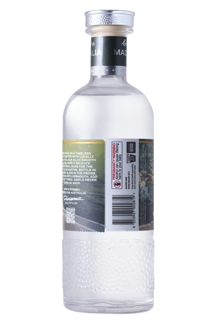 Olive Vodka bottle, side view with 42% ABV and 700ml label details
