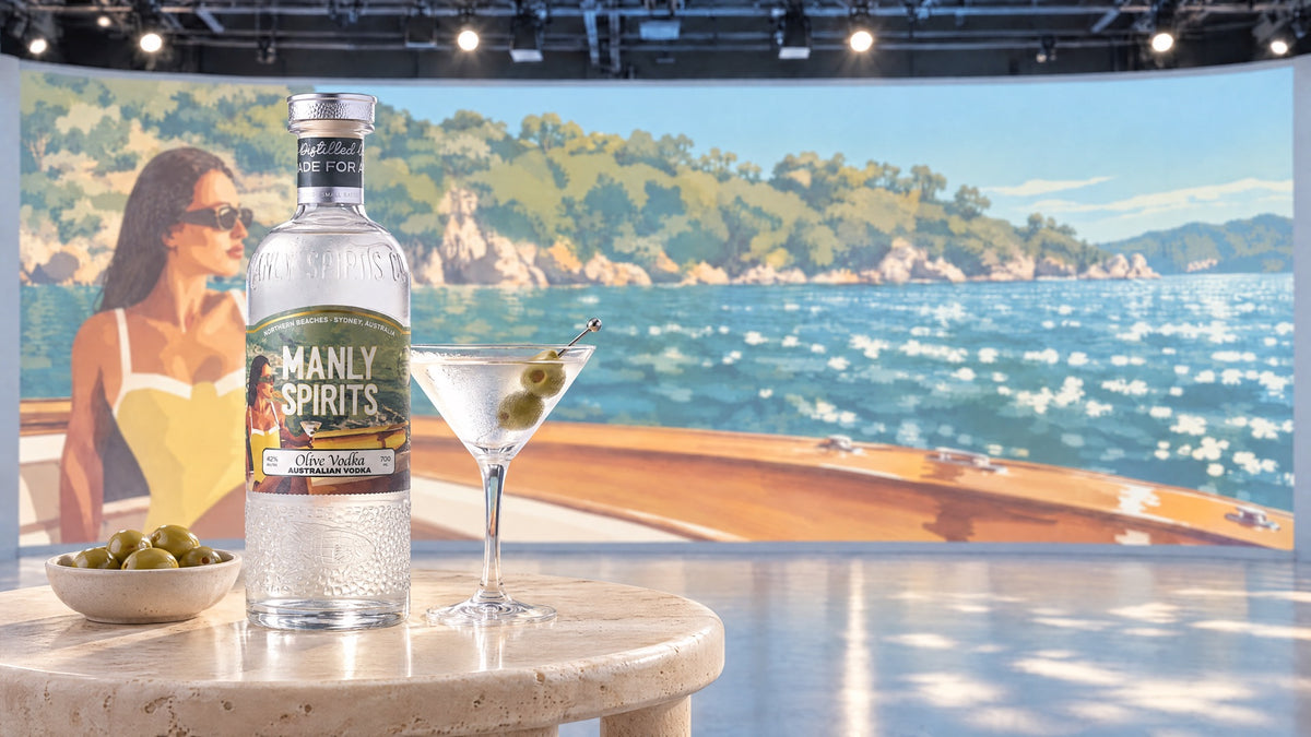 Manly Spirits Olive Vodka on a travertine table with a Martini and olives in the studio, the label's boat scene projected on the wall