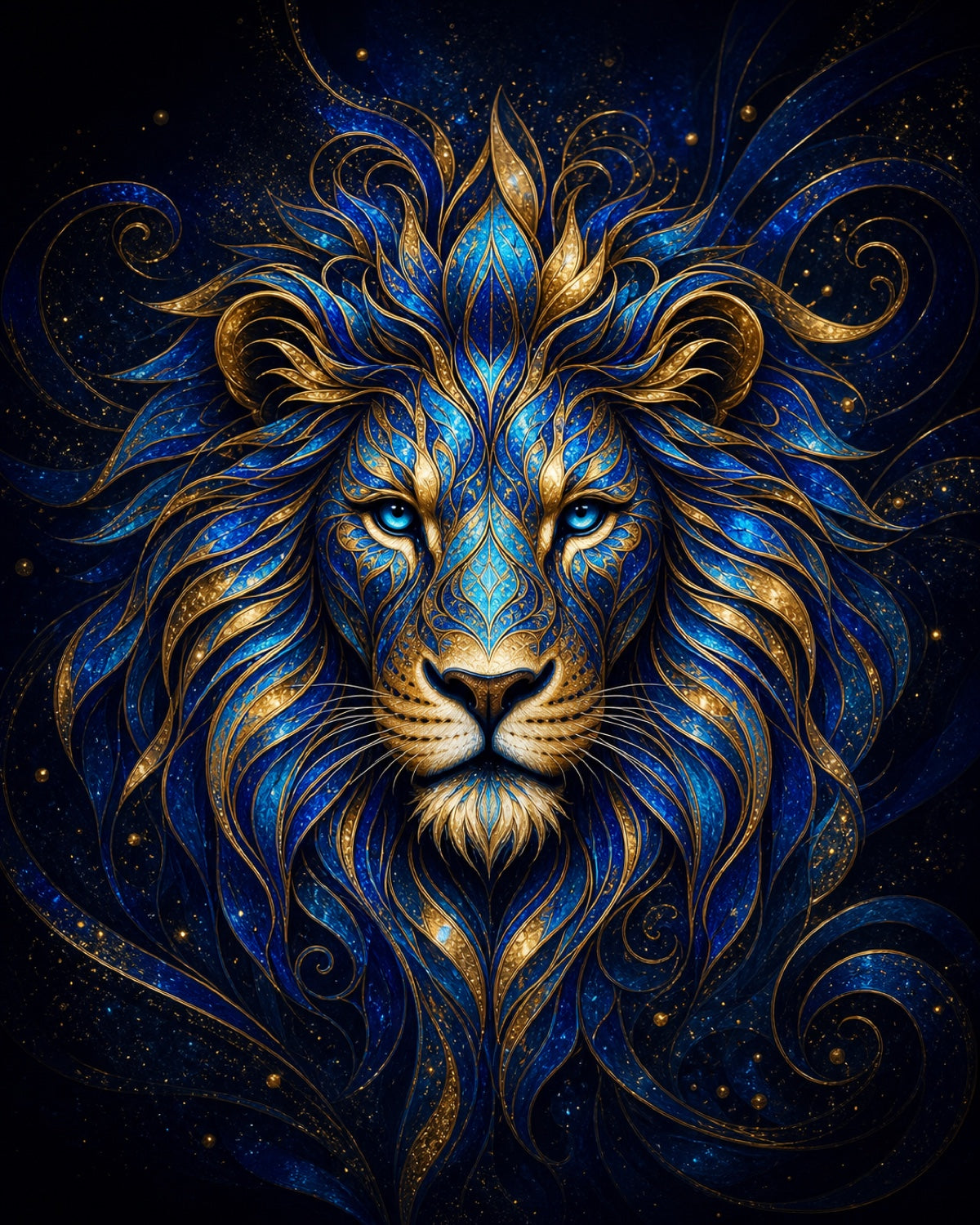 Portrait blue and gold lion artwork for the Wild Leo event