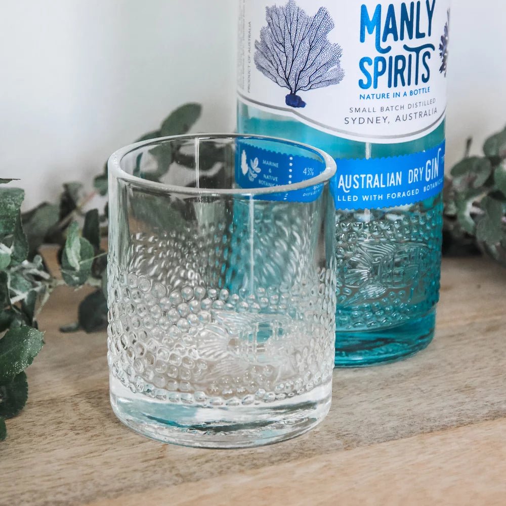 Manly Spirits Gin with a set of 2 of our upcycled glasses. Choose from Australian Dry Gin, Lilly Pilly Pink Gin, Coastal Citrus Gin or Barrel Aged Gin.