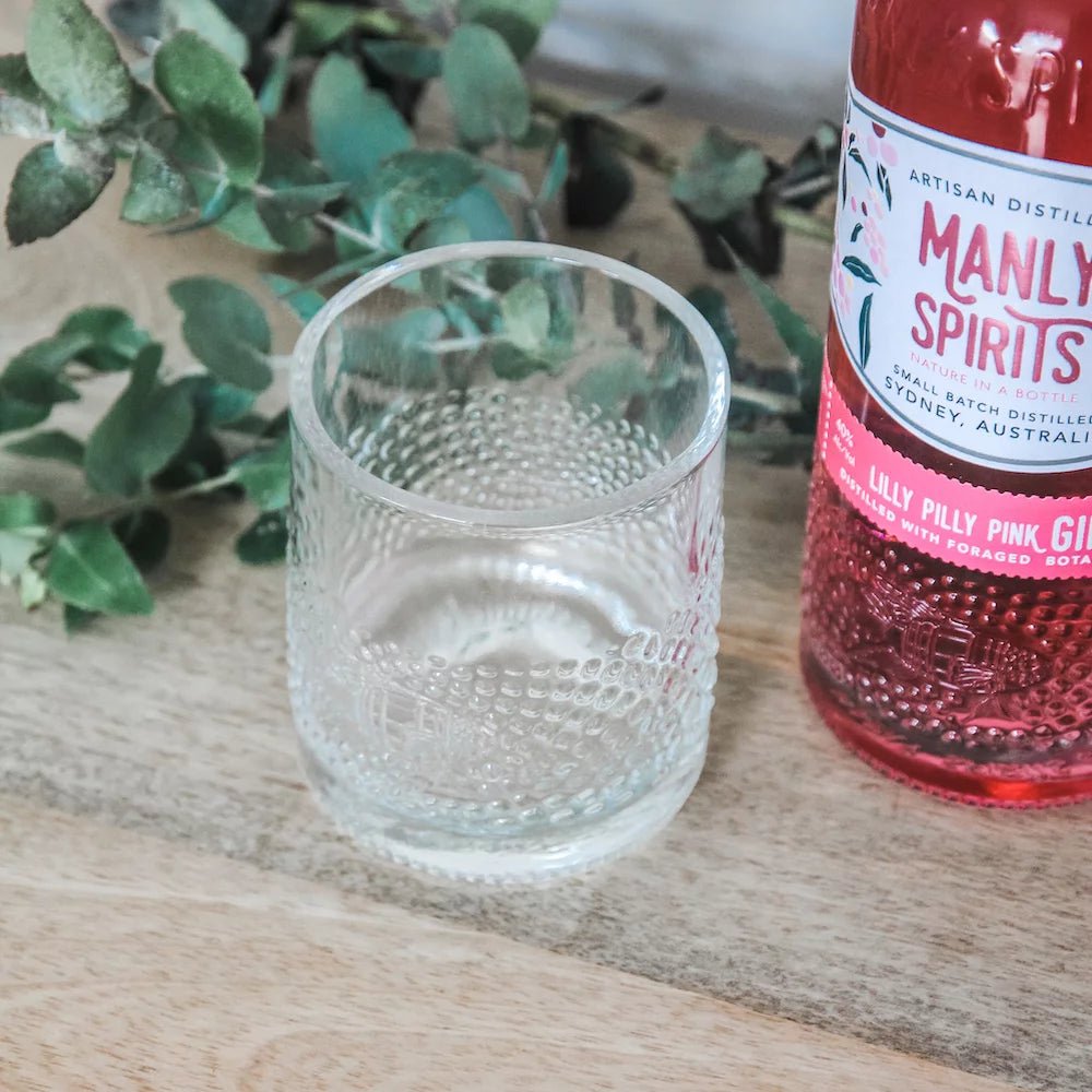 Manly Spirits Gin with a set of 2 of our upcycled glasses. Choose from Australian Dry Gin, Lilly Pilly Pink Gin, Coastal Citrus Gin or Barrel Aged Gin.