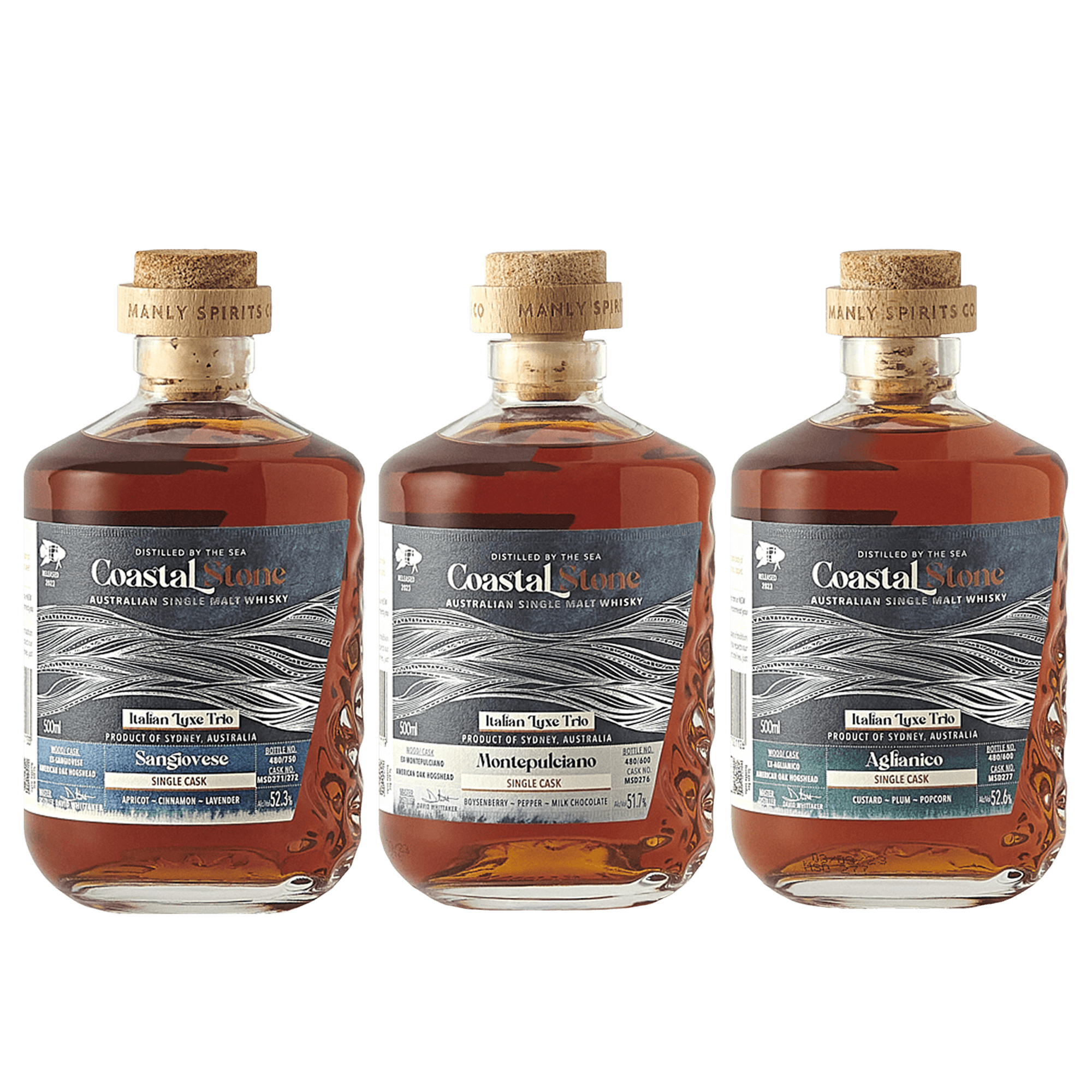 Coastal Stone Whisky Italian Luxe Trio. Single Casks. Sangiovese Cask, Montepulciano Cask, Aglianico Cask