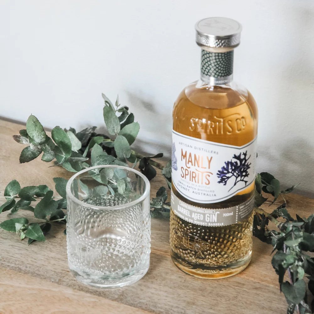 Manly Spirits Gin with a set of 2 of our upcycled glasses. Choose from Australian Dry Gin, Lilly Pilly Pink Gin, Coastal Citrus Gin or Barrel Aged Gin.